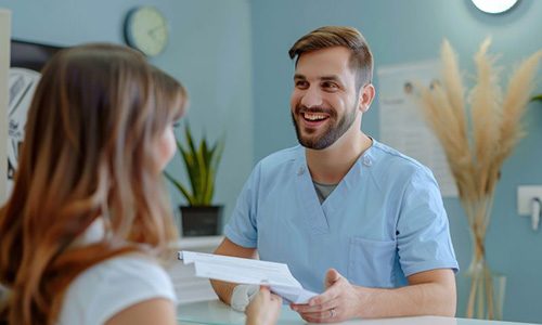 Dental team member assisting patient at front desk