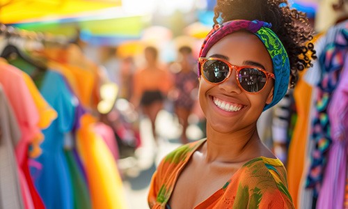 Woman smiling while shopping for clothes outside