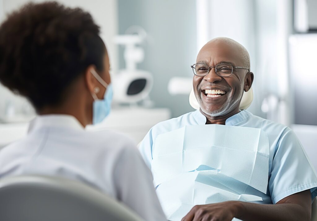 Man with glasses smiling at dentist