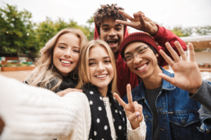 a group of friends smiling brightly